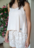 Women Summer Pajama Set Beige Top + Bold Floral Outline Shorts